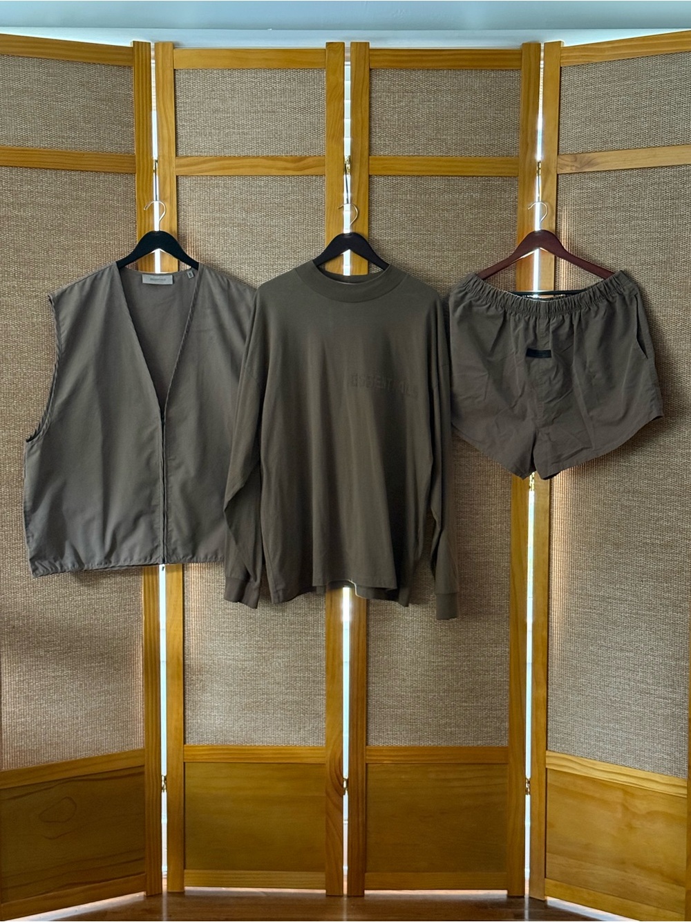 Fear of God Essentials Olive Taupe Crewneck Top, Vest, Boxing Short set